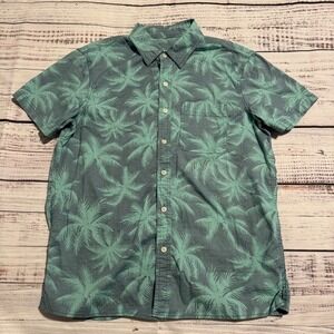American Eagle Hawaiian Button Up Shirt Green Palm Trees Men's Size Medium